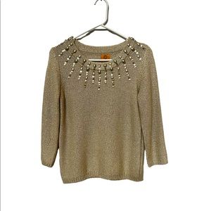 Metallic gold knit elegant sweater with jeweled, embellished neckline